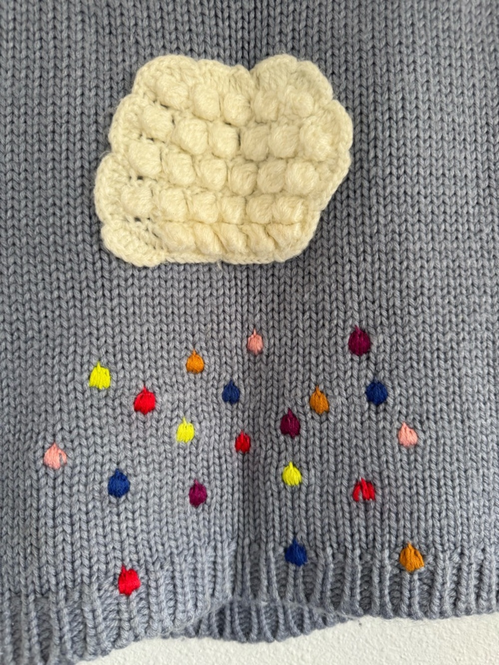 Multi Textured Grey Knit Sweater with Cloud and Colorful Raindrops Size 2 - Picture 4 of 8